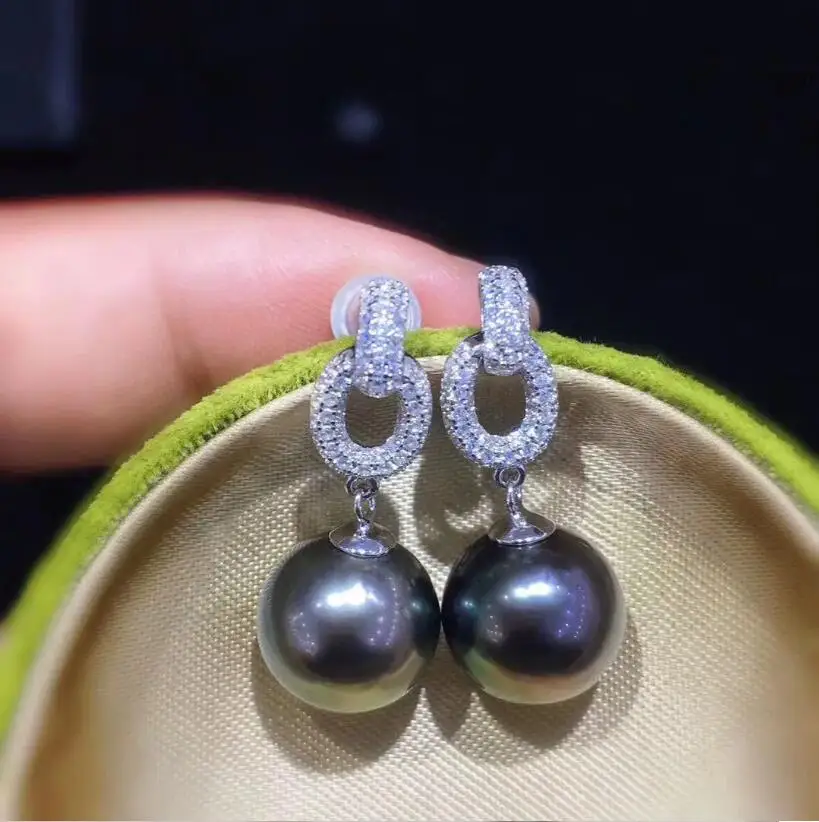 charming 10-11mm south sea black pearl dangle earring 925s