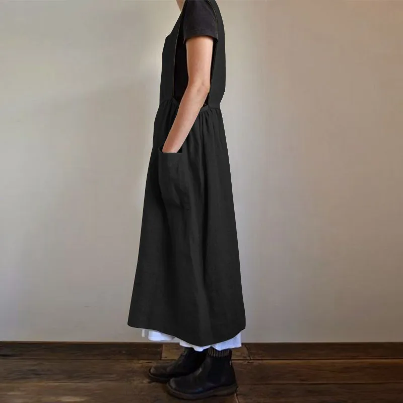 3 Color Oversized S-5XL Loose Cotton Linen Apron Midi Dress For Women Casual Pocket Homewear Solid Color Kitchen Uniform
