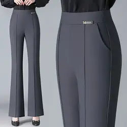 Simplicity Winter New Flare Pants Women Solid Pockets Butterfly Log Elastic High Waist Casual Plus Velvet Slim Straight Trousers