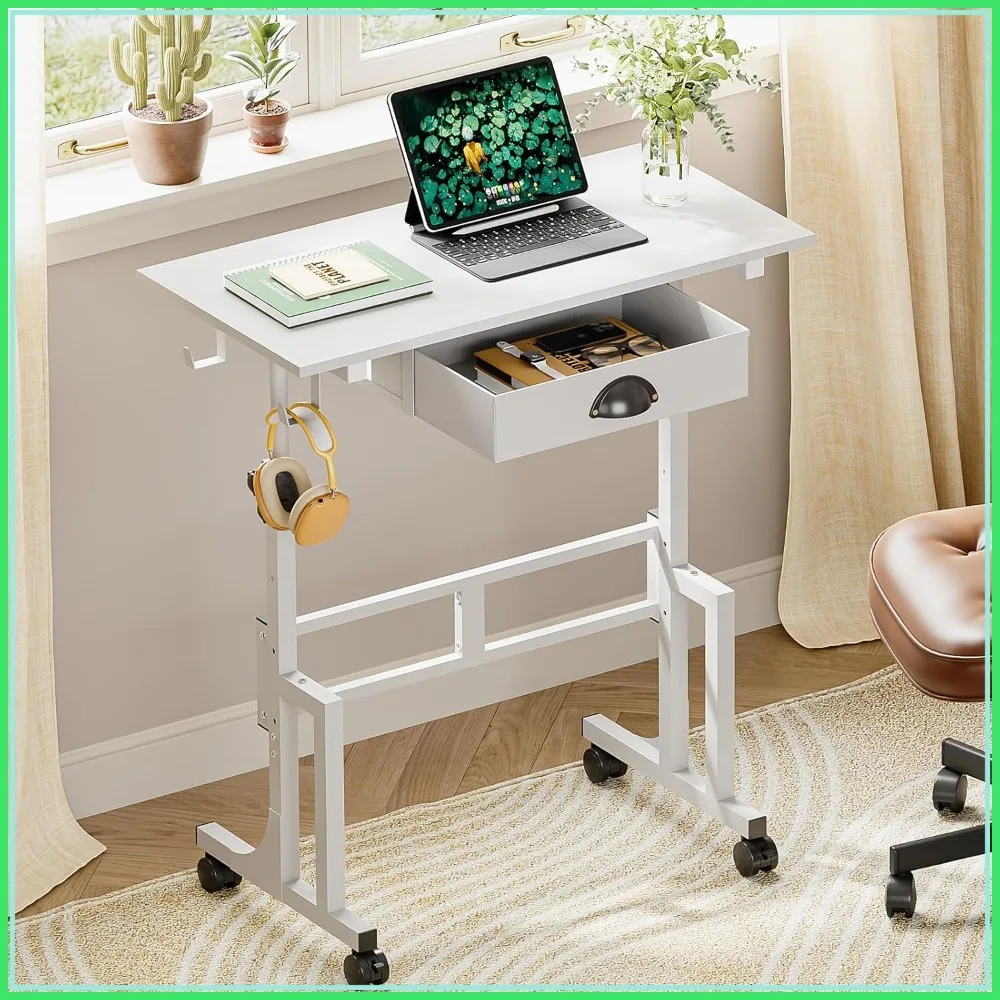 Adjustable Height Standing Desk with Drawers, Rolling Computer Desk for Home Office, White