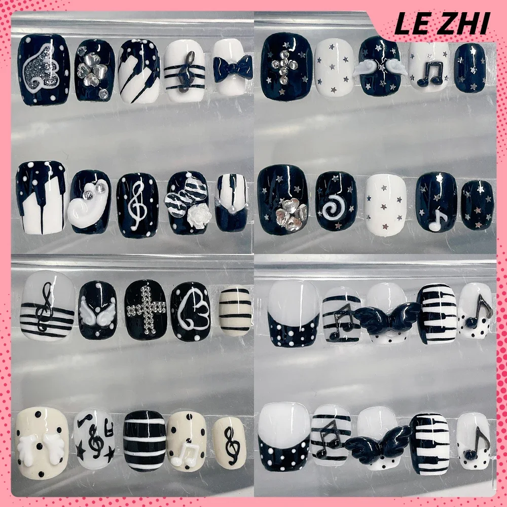 

Y2K Cute Handmade Short Square Round Wearable Full Cover Nail Shining Star Diamond Wings Musical Notes Polka Point Press On Nail