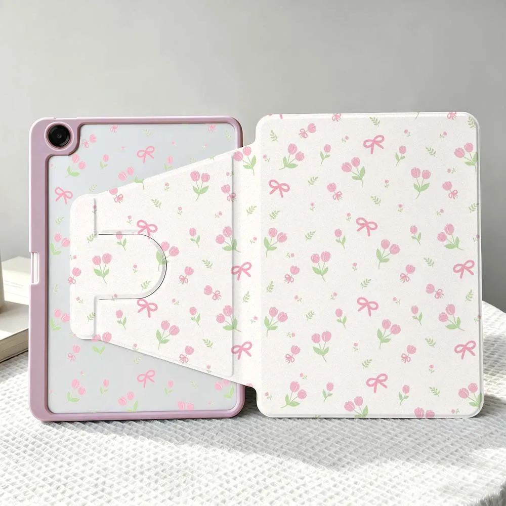 Pink Flower Bow Pattern For Samsung Galaxy Tab S11 S10 S9 S8 A11 FE Plus Ultra 360° Rotation Stylus Storage Tablet Case Soft