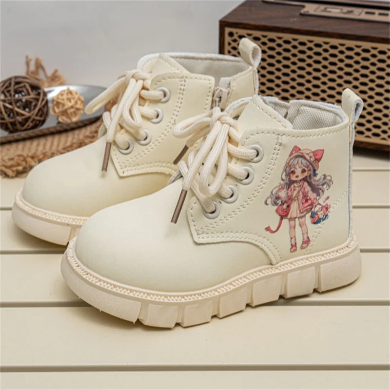 2026 New Autumn Children Boots Pu Leather Girls Shoes Rubber Sole Ankle Boots Cartoon Zip Side Fashion Toddler Baby Shoes