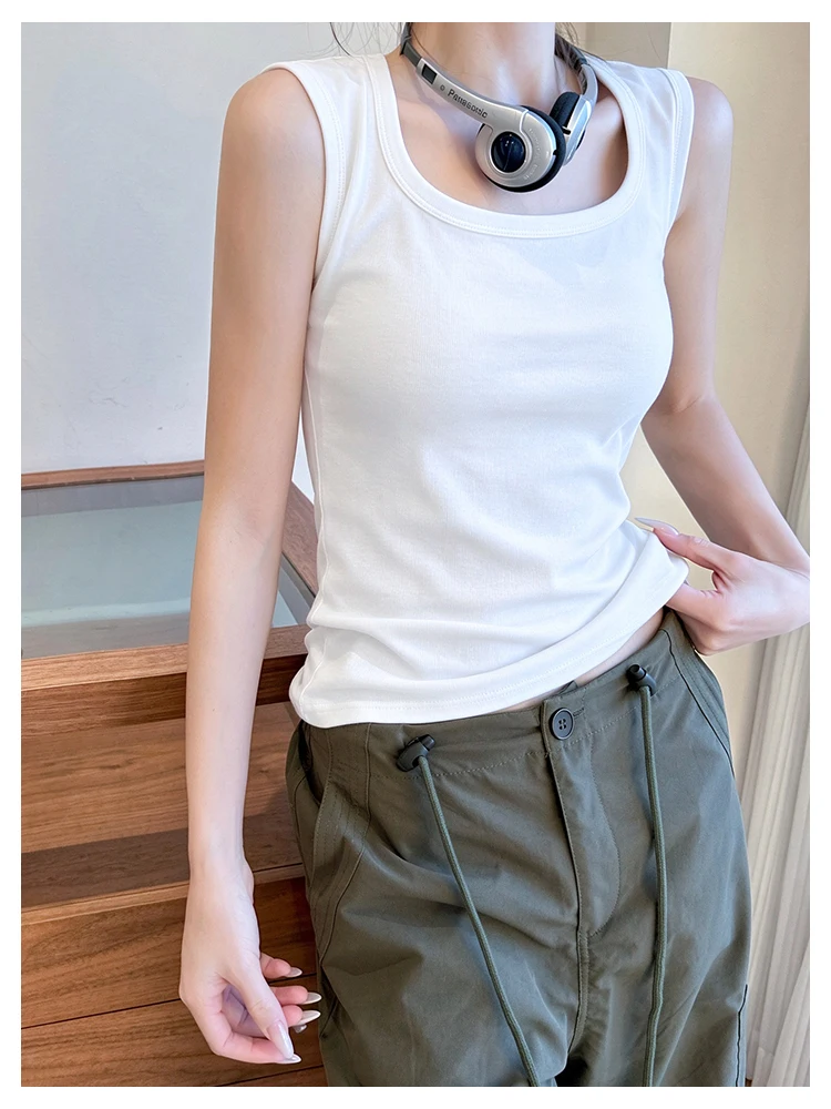 Solides ärmelloses Tanktop für Damen, Sommer-Basic-Top mit dehnbarem, quadratischem Ausschnitt, sexy schulterfreies Top – Detail 9