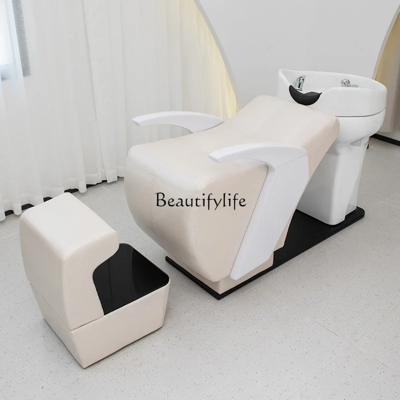 

Barber Shop Ceramic Basin Half Lying Shampoo Chair Stainless Steel Hair Salon Flushing Bed