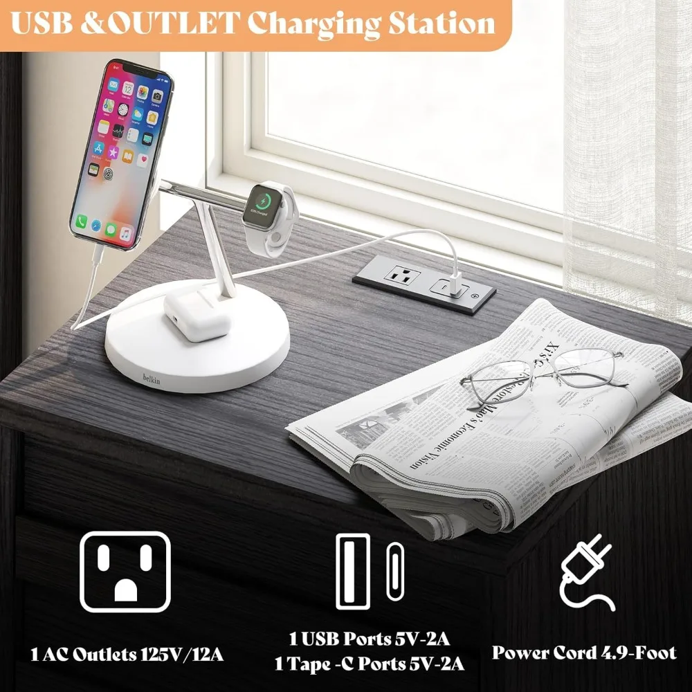 Nightstand Set of 2 with Charging Station, Wood Bedside Table with 2 Drawers, Farmhouse End Table with Slated Handles &