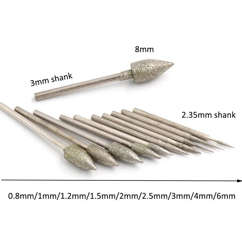 5 pezzi 1-8mm galvanica testa di molatura diamantata a forma di proiettile punta da trapano con gambo da 2.35mm lucidatura intaglio per utensili rotanti Dremel