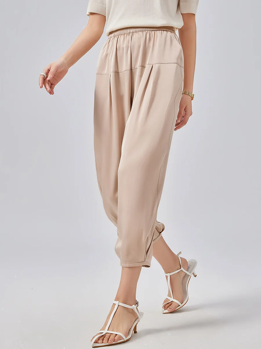 

Birdsky, 1PC Women casual trousers nine pants plus fours bloomers 90% real mulberry silk 10% spandex solid color, S-518