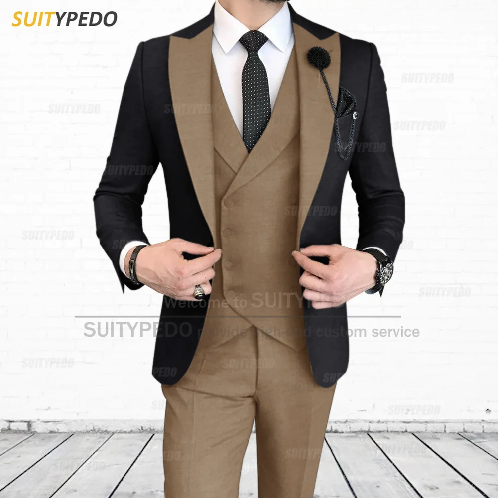 

Fashion Men Suit Set Black Brown Slim Fit Formal Prom Wedding Blazer Vest Pants 3 Piece New Fashion Singers Yong Man Suit Jacket