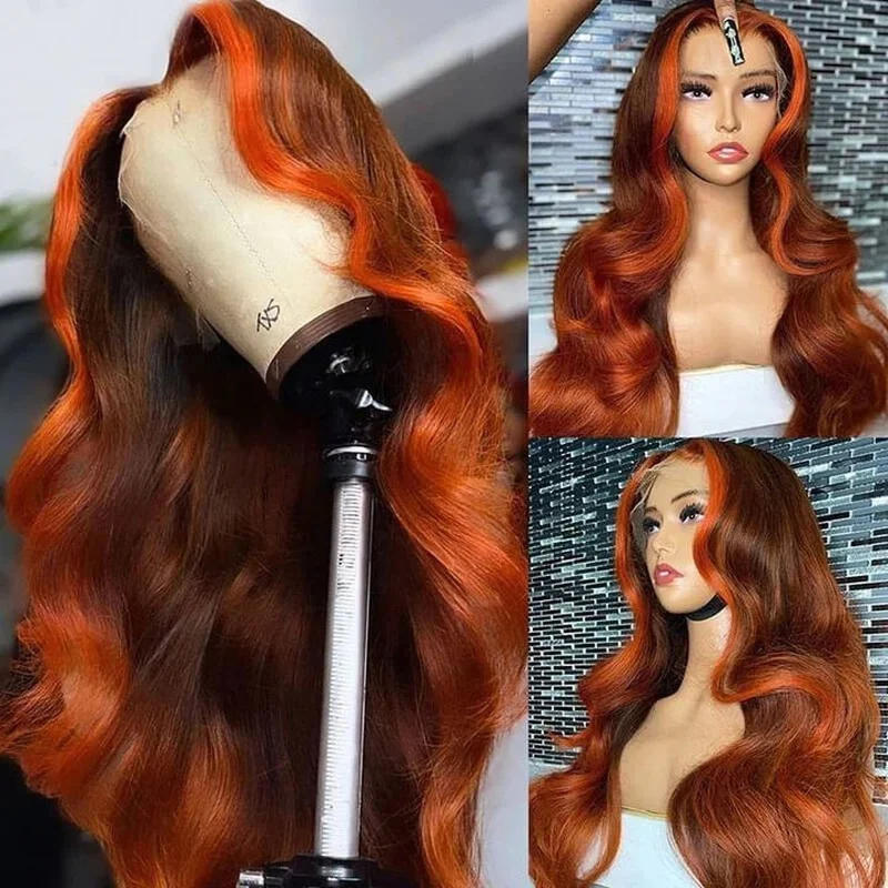 Long Wave 13x4 Lace Front Hair Wigs Orange Highlight Brown Wig Fashion