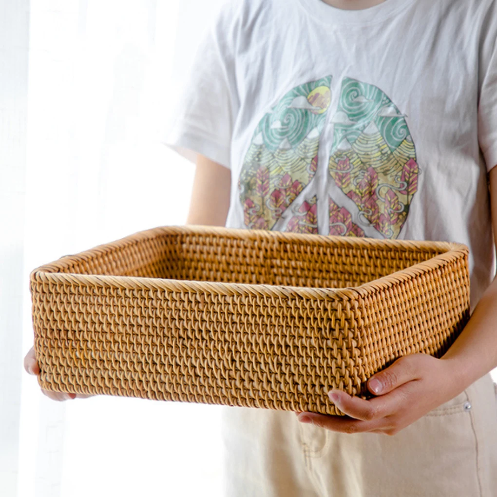 2/3 Rattan Storage Basket Rectangular Household Snack Organizer Container