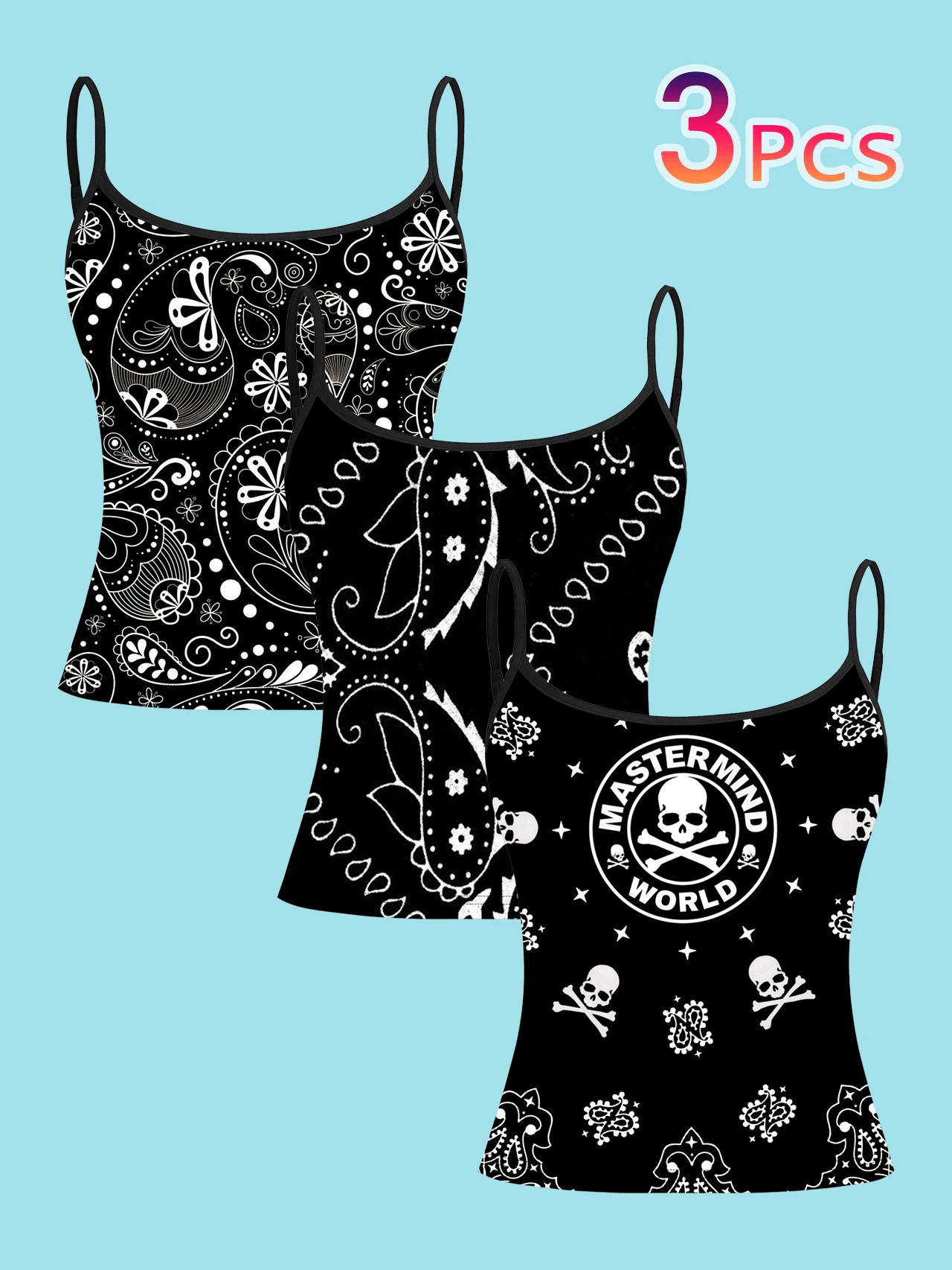 3-Pack of Cashew Flower Skull Print Spaghetti Strap Camisoles for Women, Dark Retro Street Style Slim Fit Undershirt