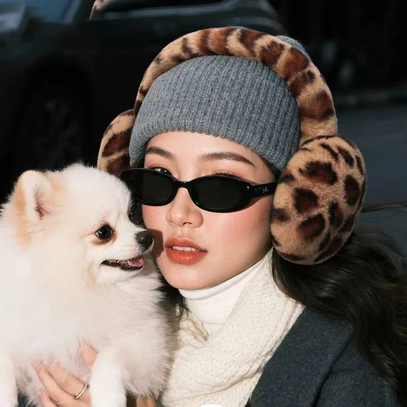 Leopard print autumn and winter women's ear protectors plush and warm anti freezing for students' ears and anti cold for student