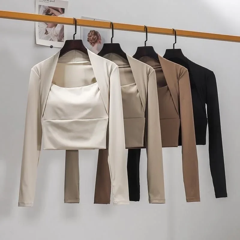 ヨガフィットネススポーツウェア2025フェイクツーピーストップスレディース長袖セクシー体型カバーヨガウェアフィットネスウェア