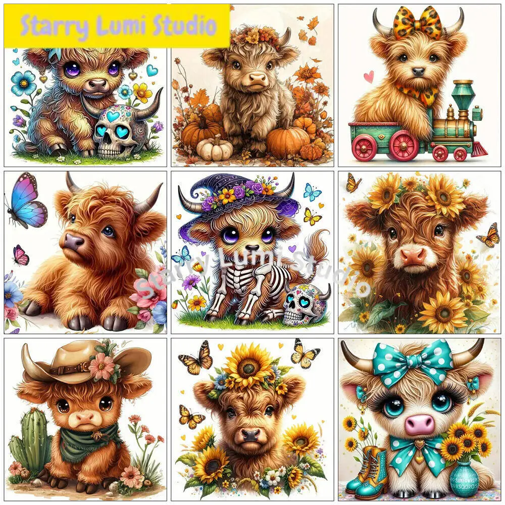 Diamond Painting Cow Highland Cattle Animal DIY Hobby Diamond Embroidery Skull Cartoon Sunflower Home Decor Gift