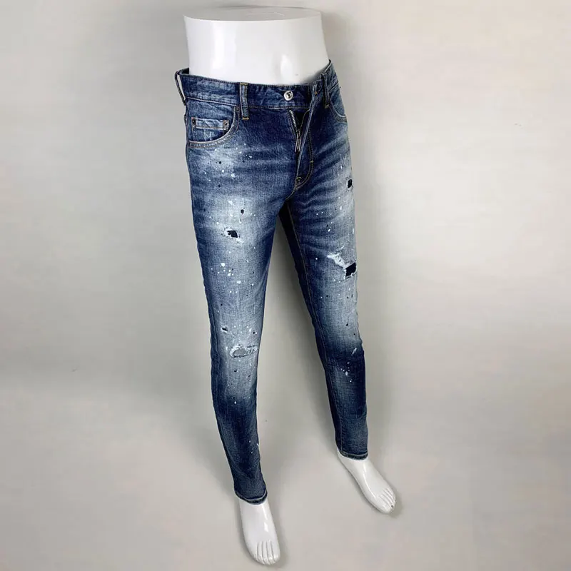 Streetwear Fashion Men Jeans Retro Blue Stretch Slim Fit Ripped Jeans Men Patched Designer Painted Hip Hop Brand Pants Hombre
