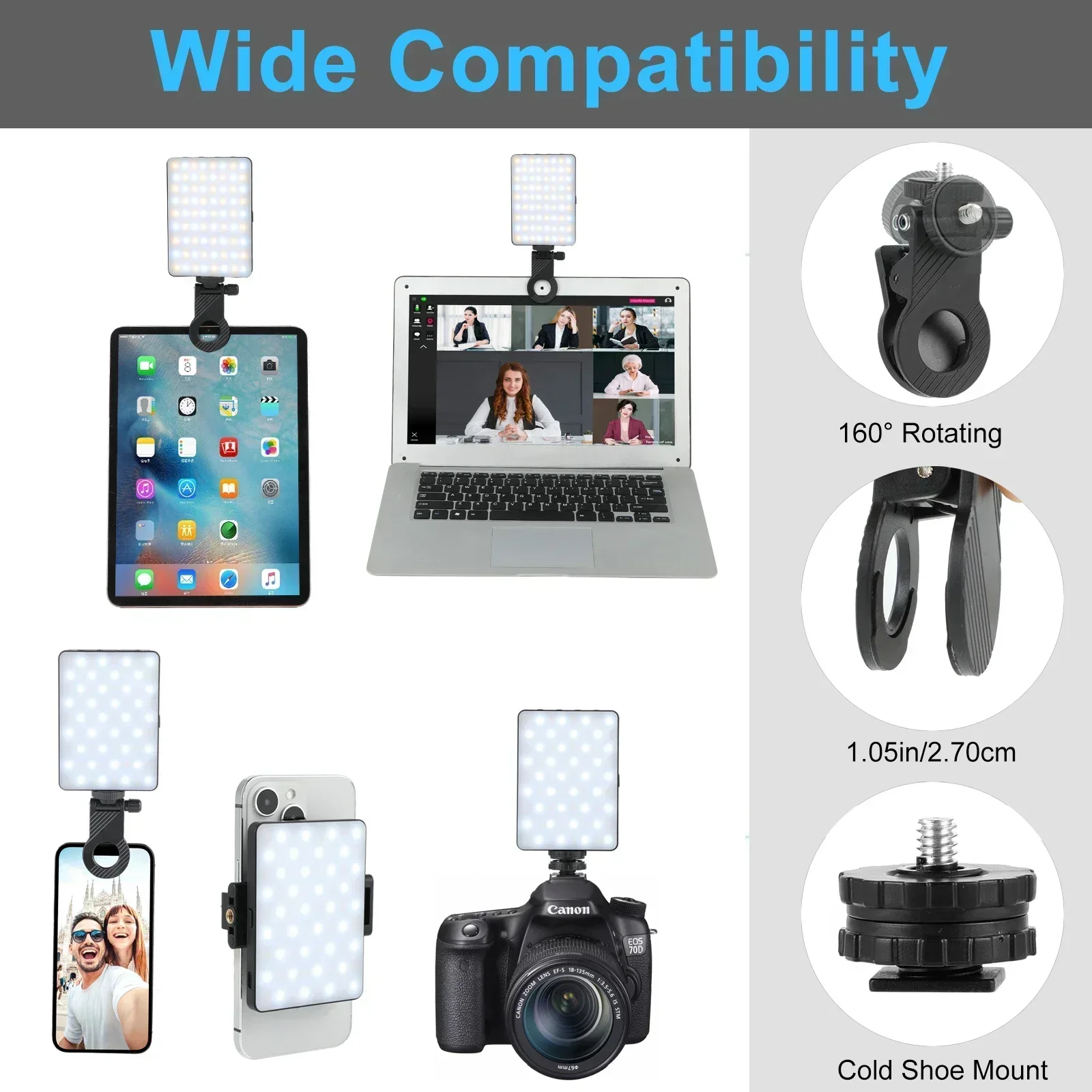 

NEW 72 LED Rechargeable Video Light Fill-in Light Selfie Light with Front & Back Phone Clip, for Phone IPhone IPad Laptop Camera