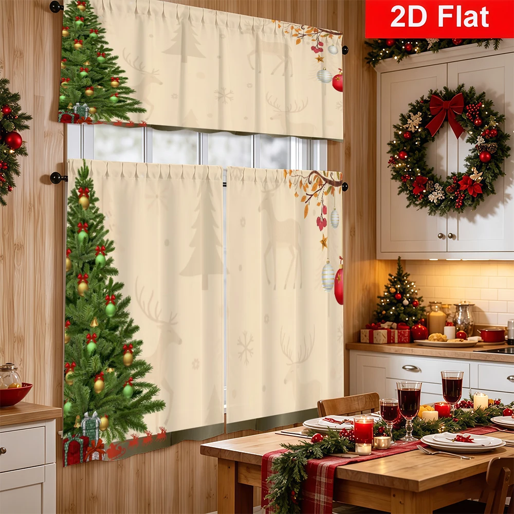 Christmas Kitchen Curtains, Ivory Tree Deer Snowflake Ball, Digital Print, Kitchen Dining Room, Rod Pocket Polyester, Home Decor