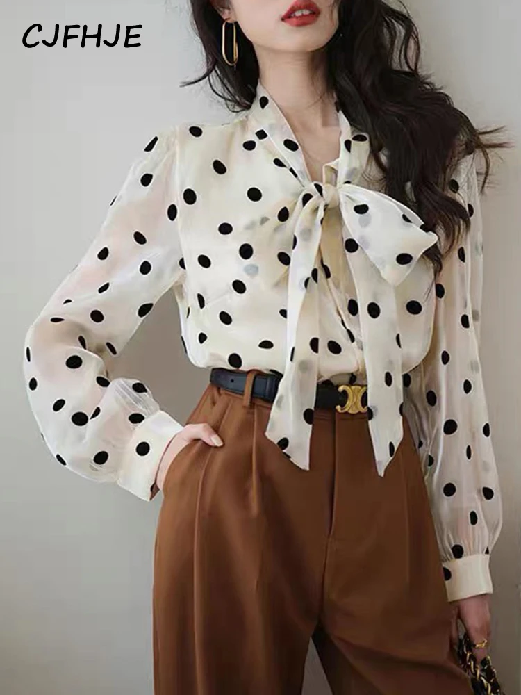 CJFHJE Blouse&Suit Pants Women Stylish Office Ladies Sets Polka Dot Shirts Long Sleeve Bow Tops High Waist Ankle-Length Trouser