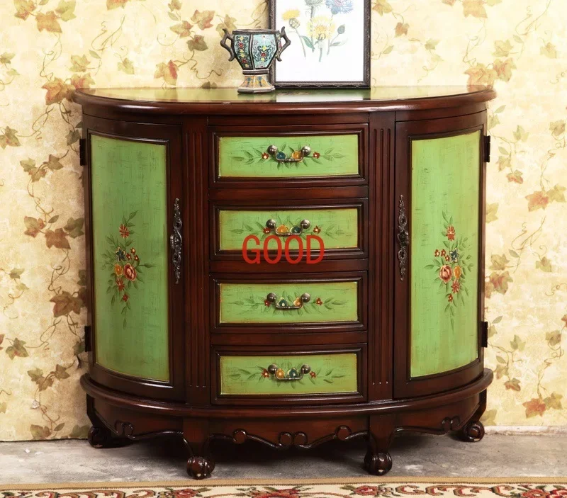 Semicircle Hall Entrance Cabinet Solid Wood Four Buckets Two-Door Cabinet European Style Complex