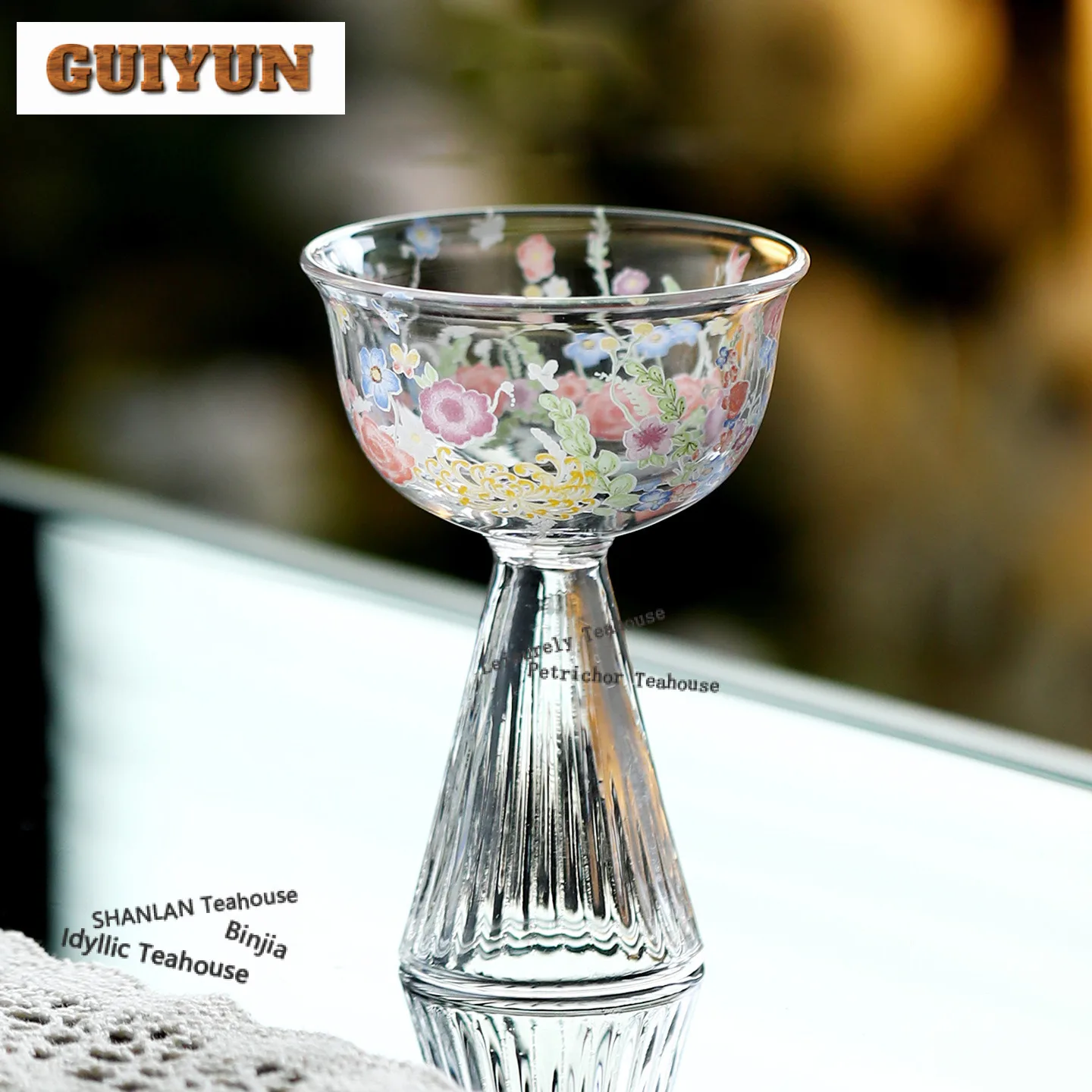 

2pc/lot Flowers Glass High Foot Teacup Ancient Tea Bowl Mug Tea-tasting Smelling Cup Chazhan Master Cups Drinkware Craft 45ml