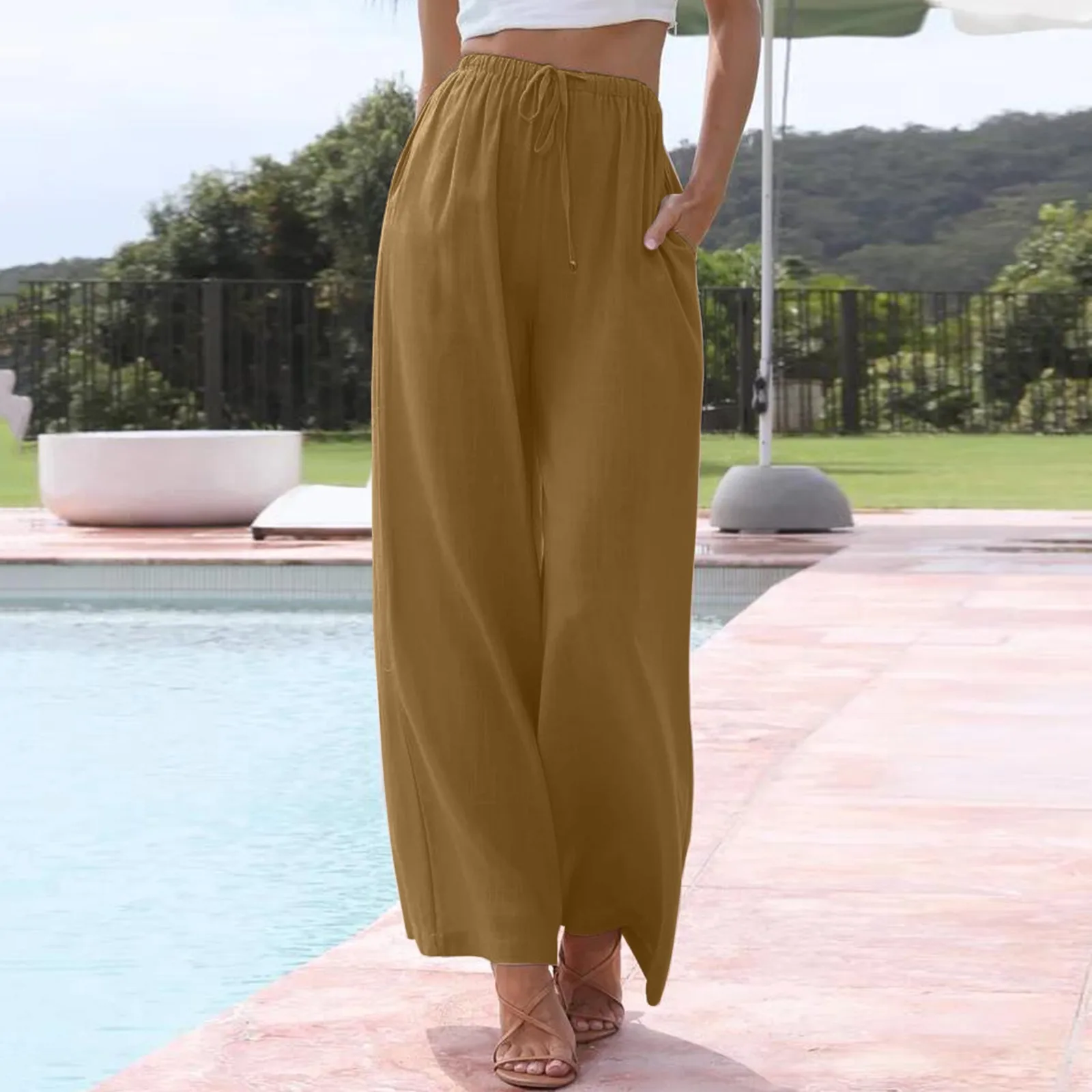 

Women's High Waisted Wide Leg Pants Fashion Drawstring Elastic Waist Casual Trousers Comfort Straight Leg Long Pants With Pocket