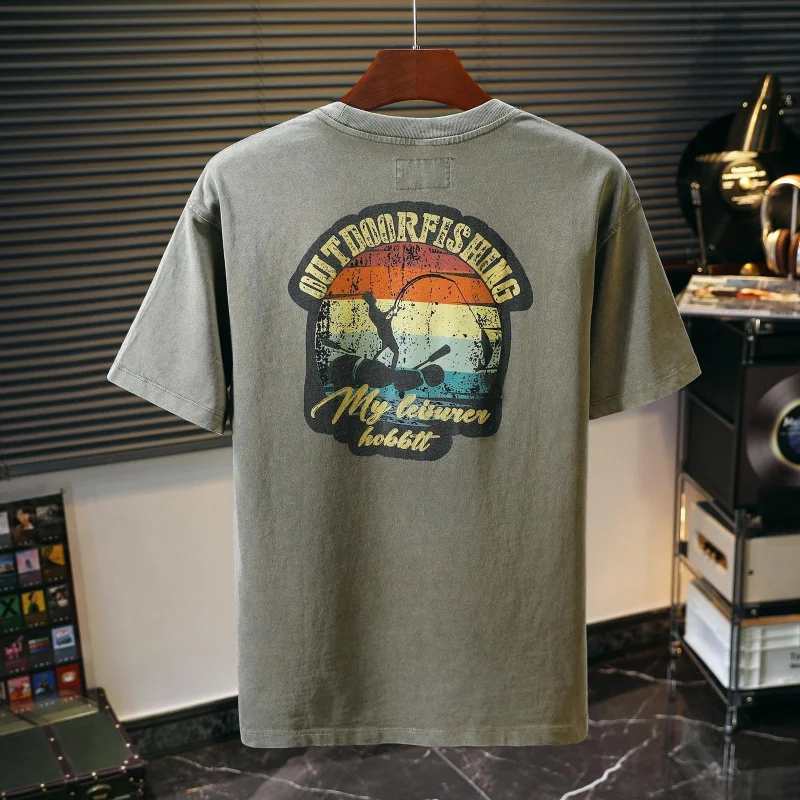 Men's Summer Heavyweight American Vintage Printed Loose Half Sleeve Versatile Daily Casual Basic T-Shirt