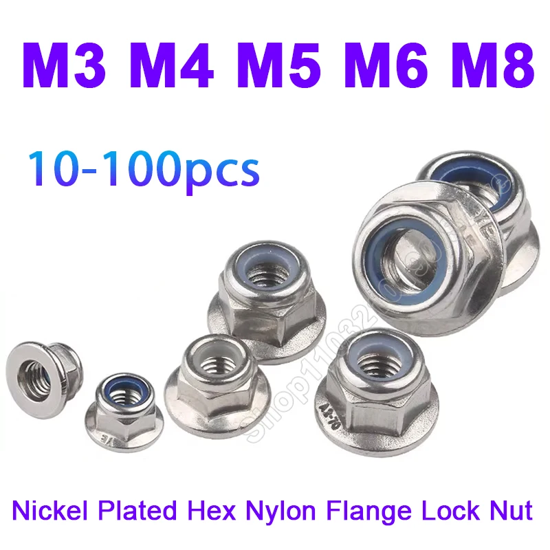 

5-100Pc M3 M4 M5 M6 M8 Nickel Plated Carbon Steel Hexagon Hex Flange Nylon Insert Lock Nut Self-locking Nylock Locknut Lock Nuts