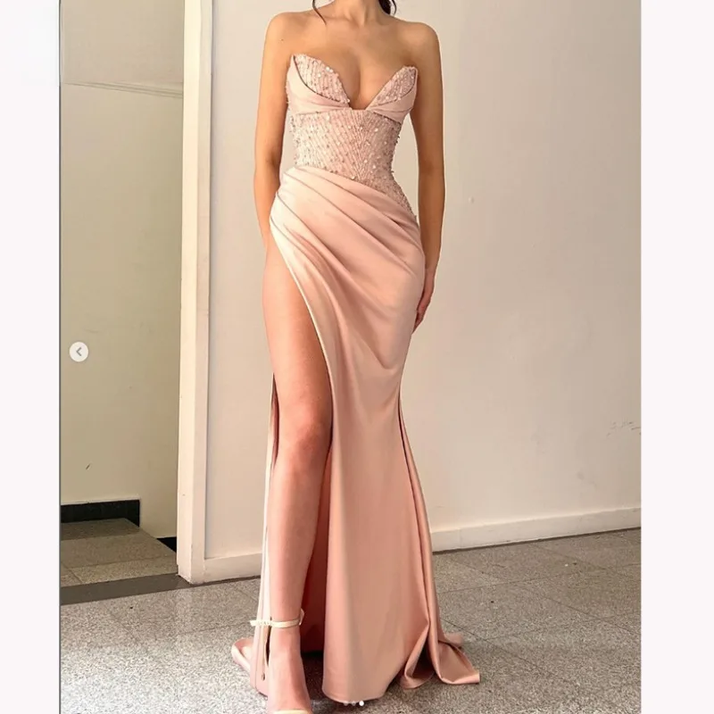 

Sexy Strapless Formal Evening Dress Satin 2024 Luxury Beading Prom Gowns Popular High-slit Sparkle Banquet Party Dresses