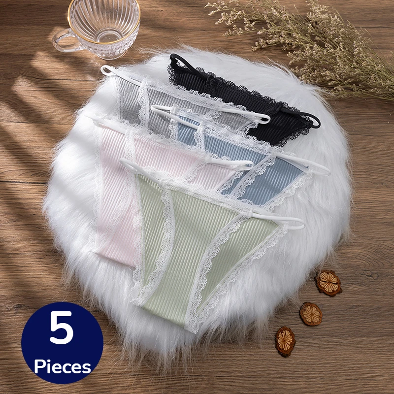 WarmSteps 5 Stück Damenslips Süße Spitze Atmungsaktive Baumwollunterwäsche Sexy Dessous Damen-Slips Komfortable Gestreifte Unterhosen Hot
