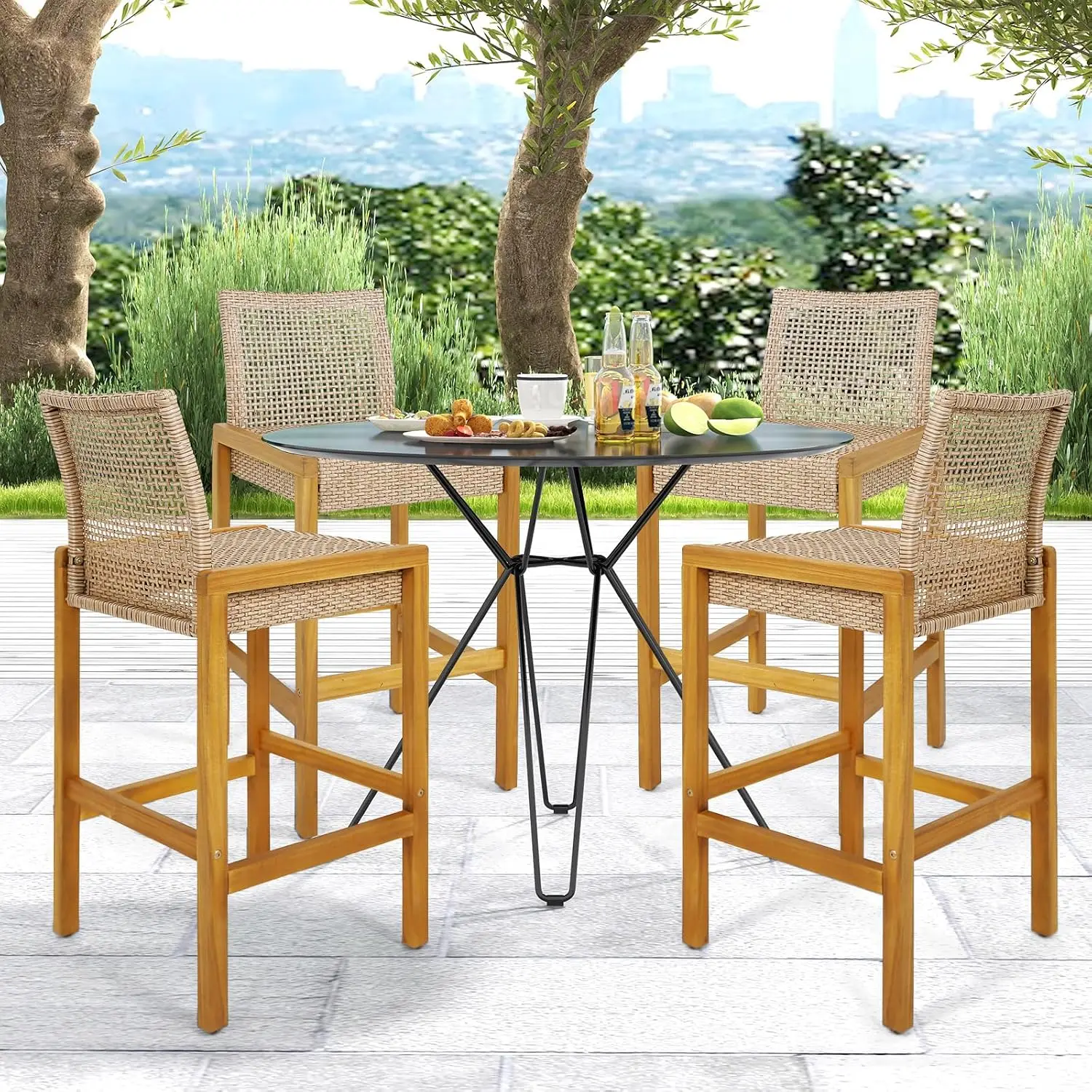 Stools 4-Pack, Patio Chair With Wood Frame, Ergonomic Footrest, Indoor Outdoor Backyard Garden, Customized
