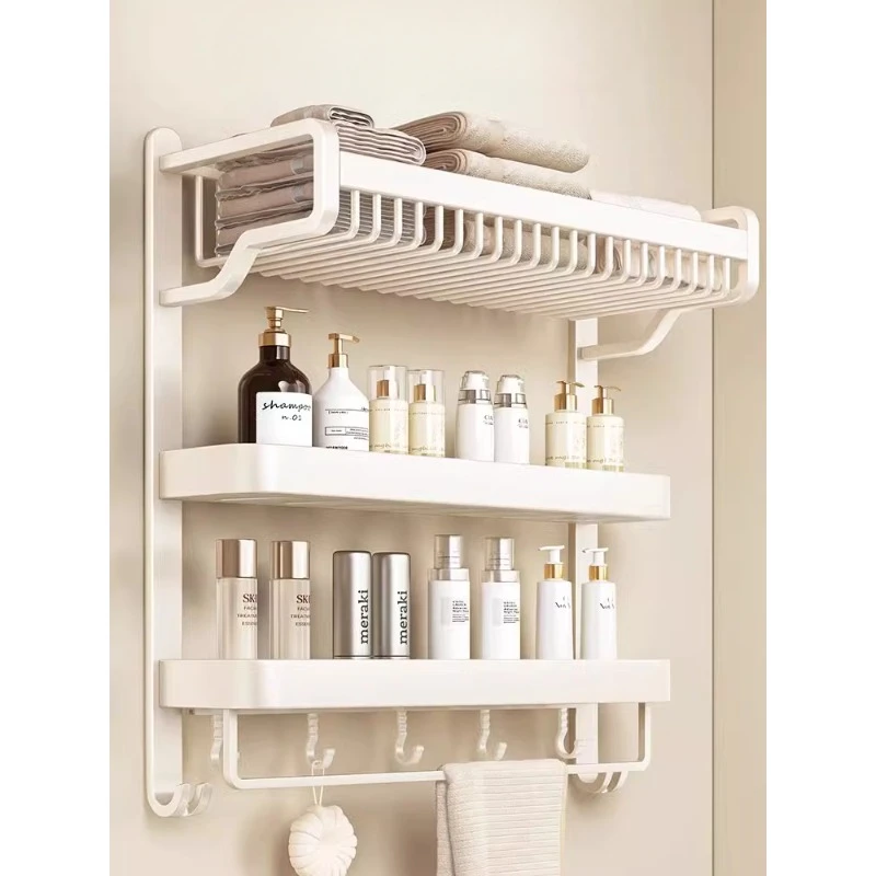 

Cream style towel rack, bathroom storage rack, integrated hole free wall mounted bath storage rack, white towel rack in the room