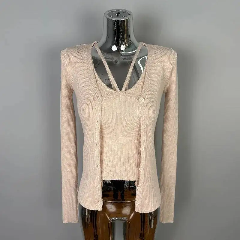 Coreano fino versátil sexy camisola + manga longa cardigan de malha conjunto de duas peças para camisas femininas camisetas t camisa topos 9dlo