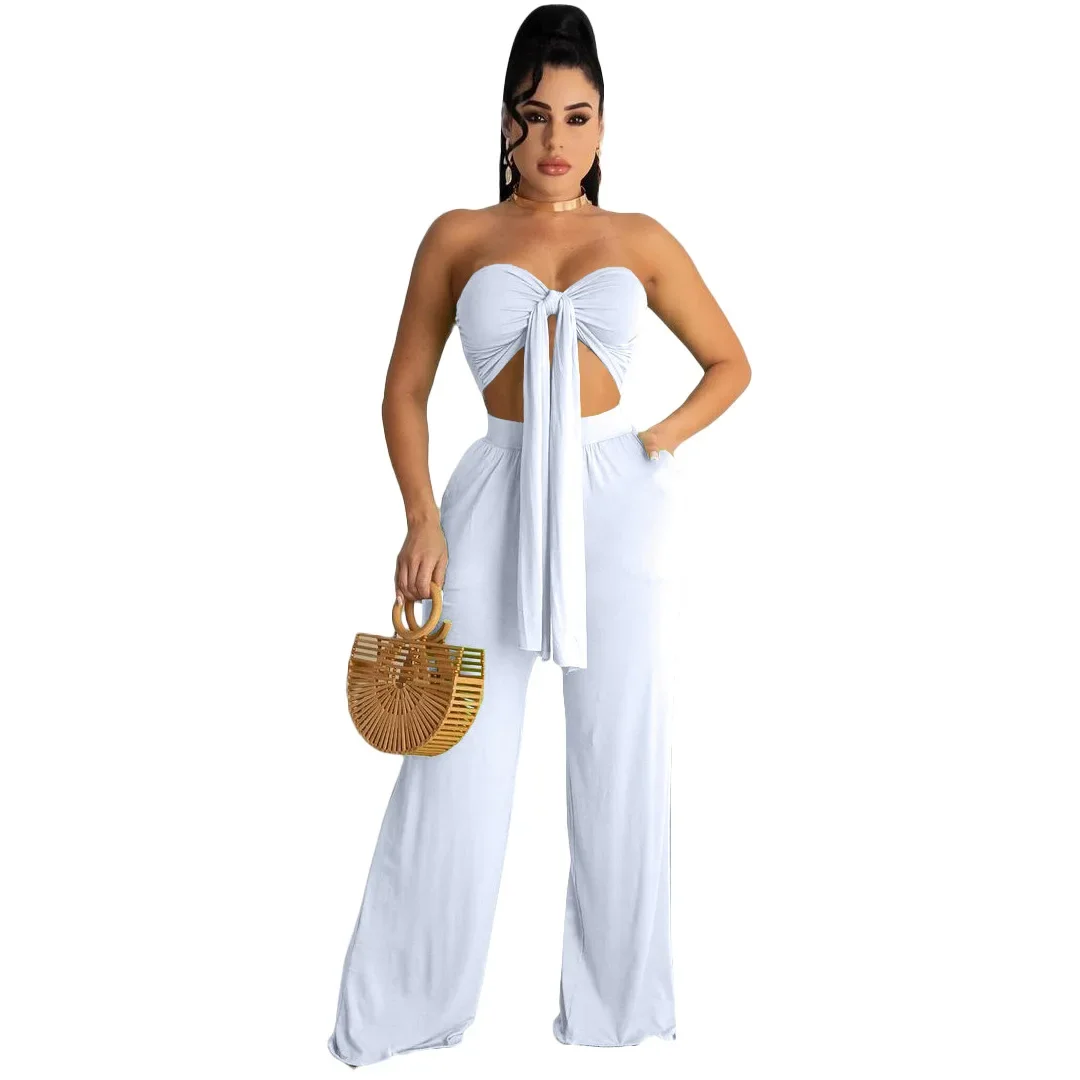 Prowow Two Piece Women Suits Croset Tops Wide Leg Pant Summer Clothing Set Solid Color New Style Lady Outfits Conjunto Femenino