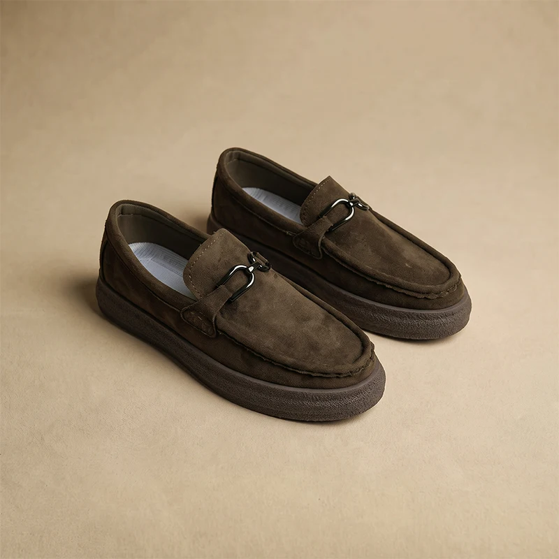 Spring and Autumn New Men's Loafers with Suede Horsebit Buckle, Thick-Soled Height-Increasing Slip-On Soft-Soled Casual Leather Shoes, Old Money Style Retro Business Versatile Trendy Shoes