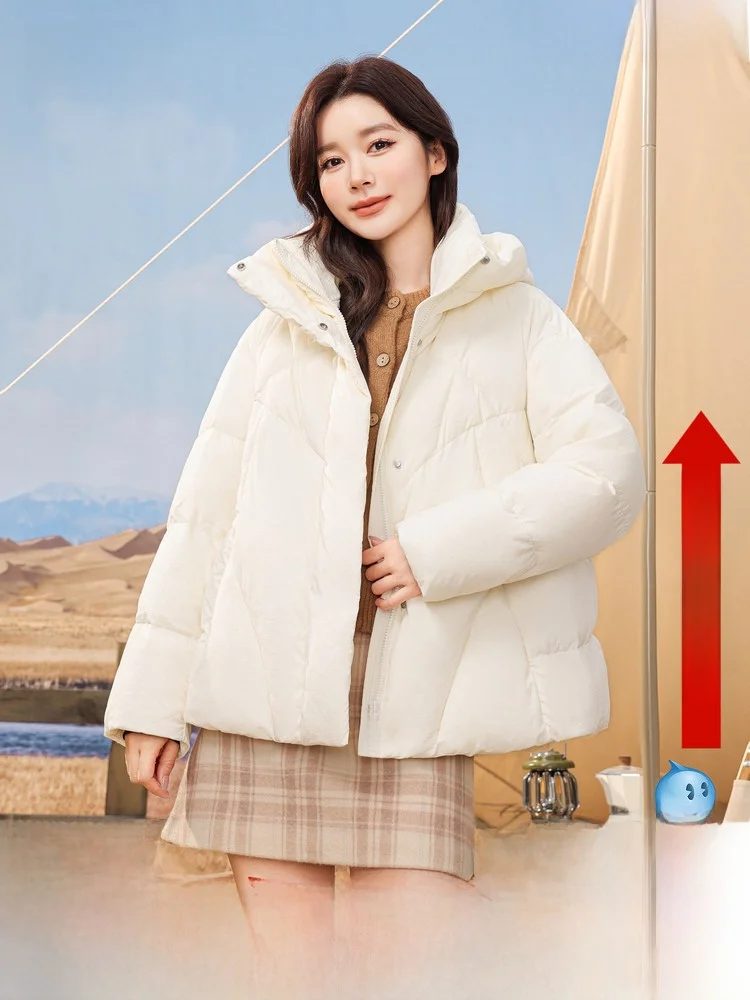 

Женская короткая пуховая куртка Snow Flng Весна 2026 с капюшоном, повседневная, свободного кроя, визуально стройнящая, в корейском стиле, с длинными рукавами, на молнии