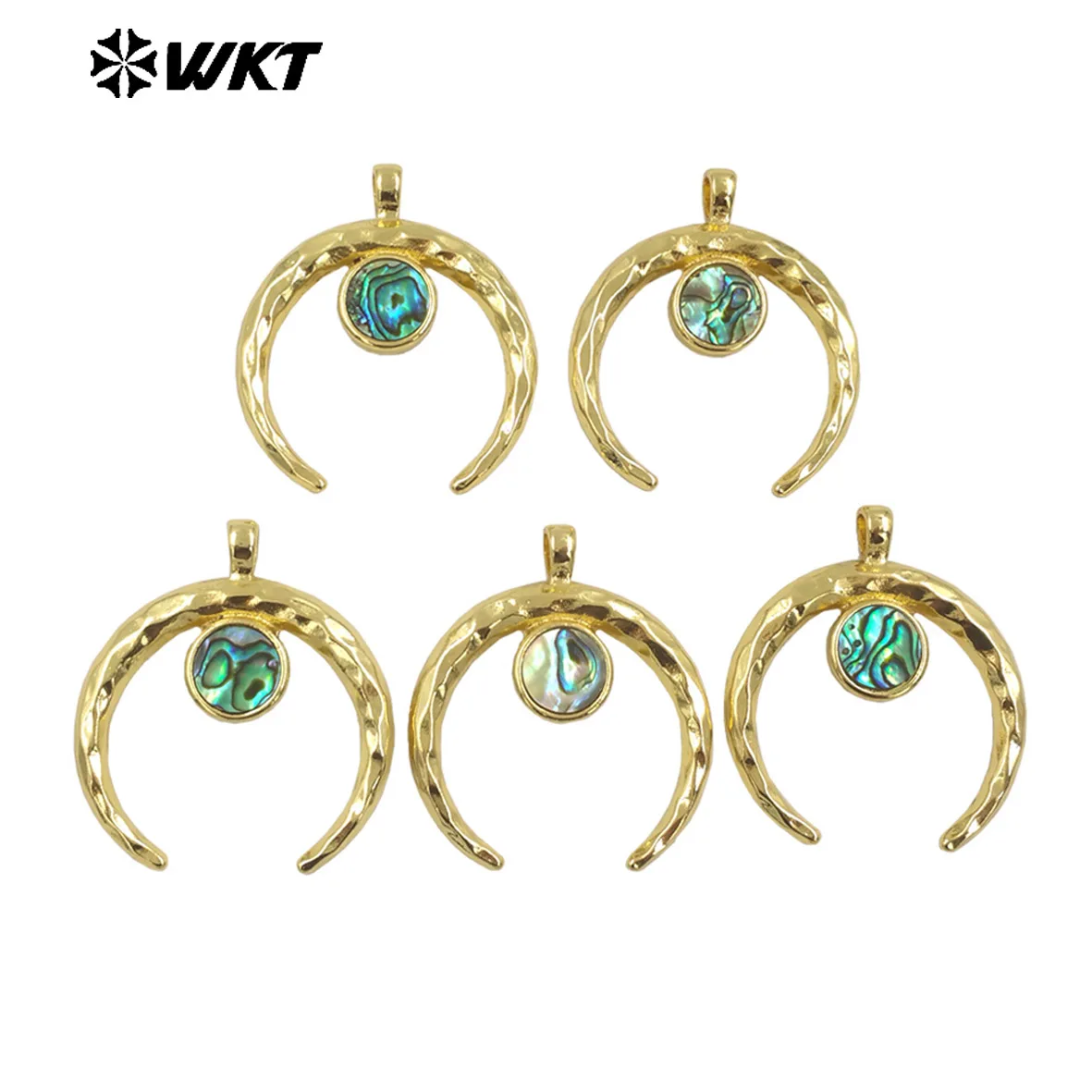 WT-JN275 Wholesale New Big Brass Gold Plated Natural Abalone shell Crescent Horn Necklace For Women Jewelry 10PCS