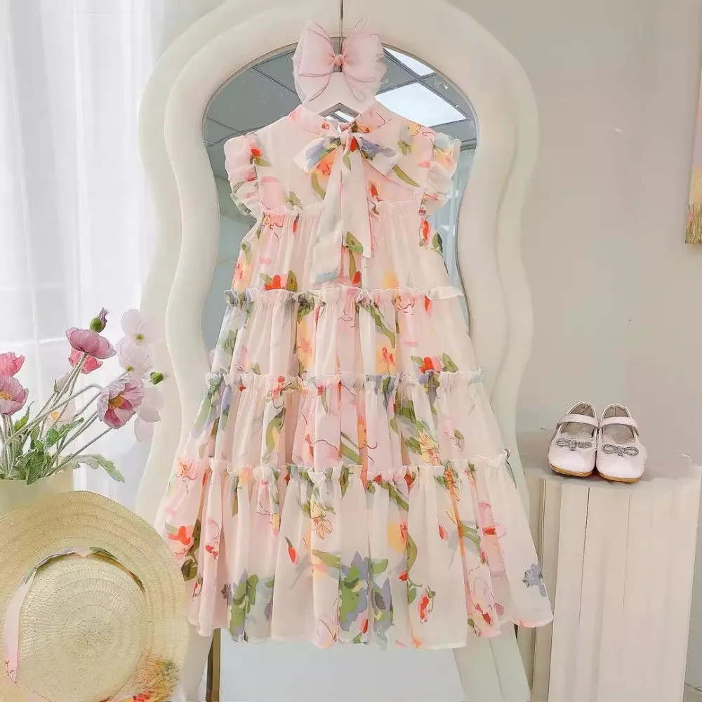 Versión coreana moda 4-13Y niña flor impresa princesa pastel vestido verano sin mangas gasa adolescentes playa vacaciones ropa