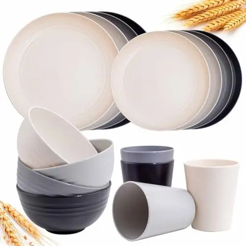 Rubtlamp 16-Piece Wheat Straw Dinnerware Set for 4 – Microwave-Safe, Unbreakable Plates & Bowls for Kitchen, Camping