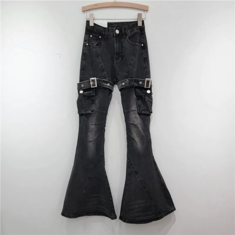 Retro Lace-up Denim Bell-Bottom Jeans Female 2024 Spring New Korean Style Washed High Waist Slimming Wide Leg Bootcut Trousers