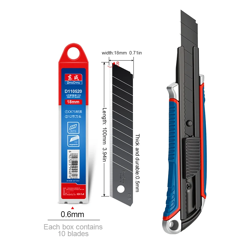Zware utilitymes met aluminium handvat - Zwarte SK5-mes, geschikt voor 18mm messen, anti-reflecterende afwerking voor professioneel gebruik.