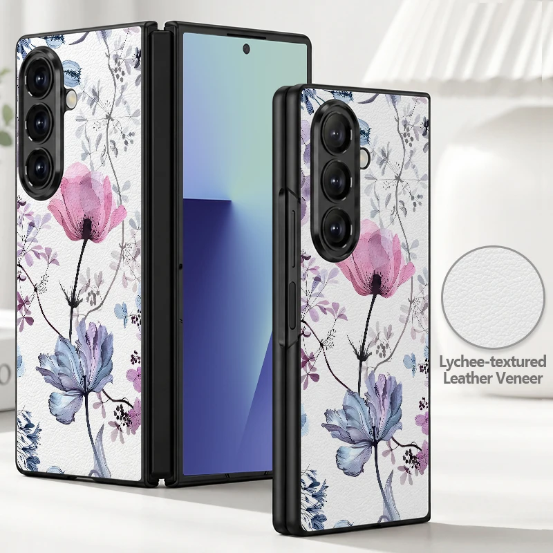 Colorful Flower Printed PU Leather Phone Case For Samsung Galaxy Z Fold8 Ultra Fold7 Fold6 Fold5 Fold4 Hard PC Frame Back Cover