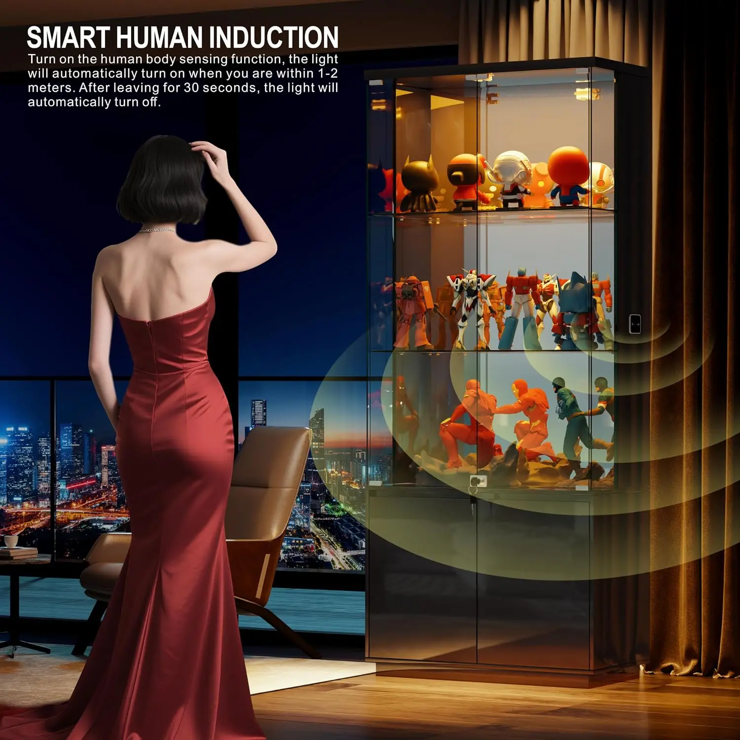 71'' Display Cabinet with Glass Doors & 3 Color Lights, Lockable Curio Cabinet for Bedroom view 4