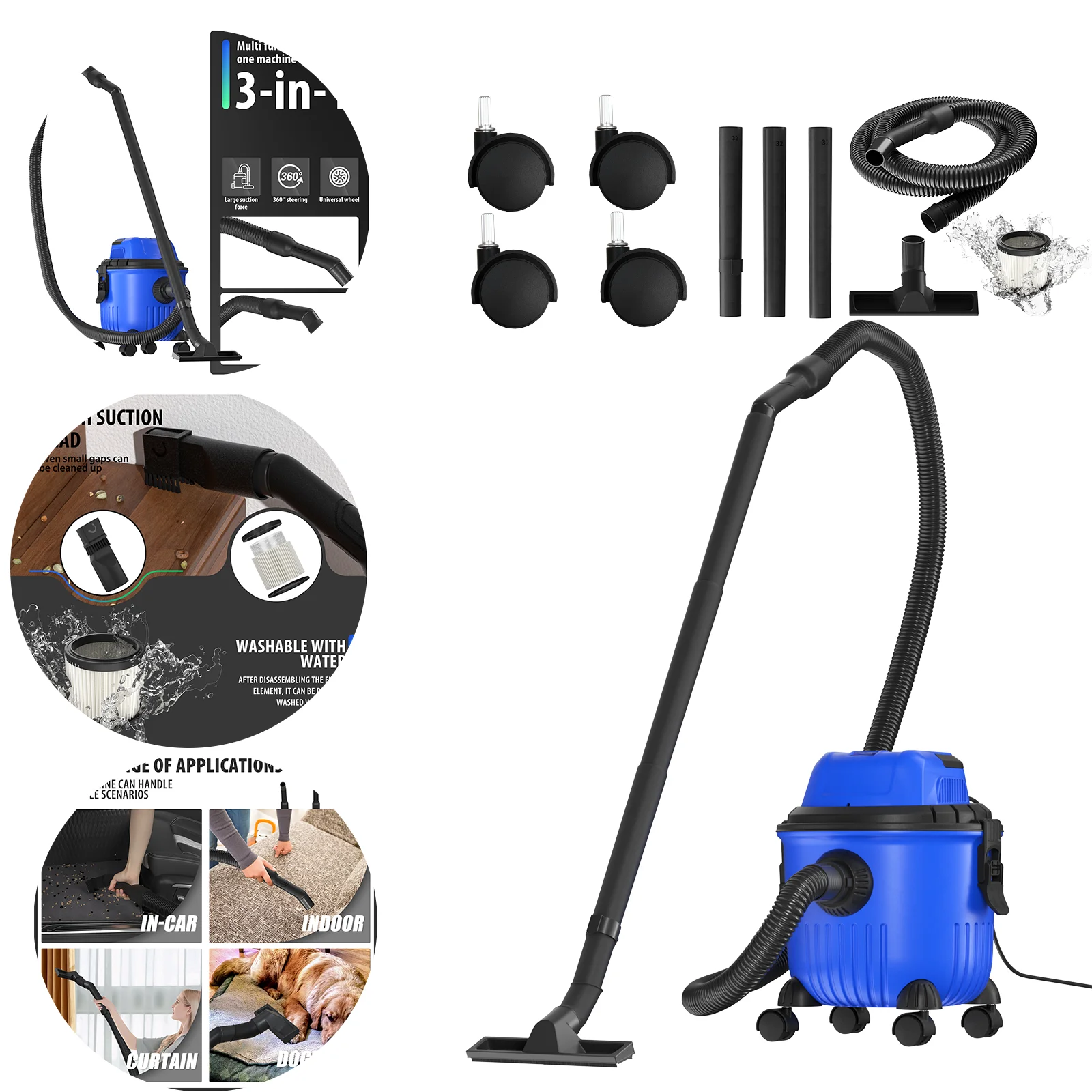 3-in-1 vacuum cleaner compact bagless cylinder bottom cleaner for dry and wet applications with blower function