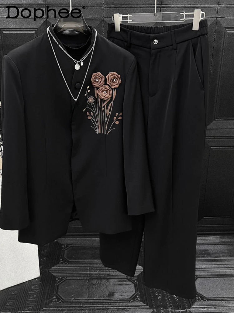 

2025 New High-end Embroidered Suit 2pcs Men's Loose Comfort Shoulder Padded Suit Two-piece Sets Handsome Stylish Chic Men's Sets