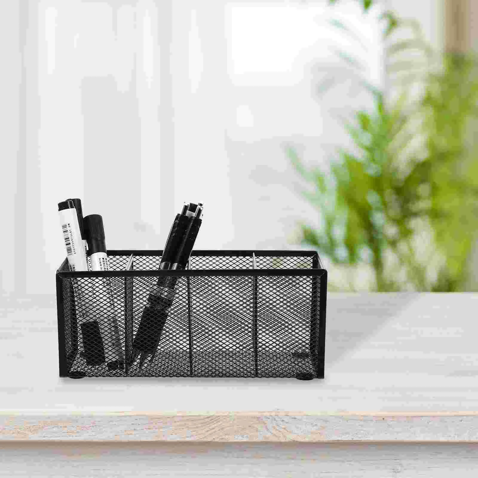 Desktop Organizer Smeedijzeren Vier Raster Penhouder Make-up Kantoor Vuilnisbak Zwart