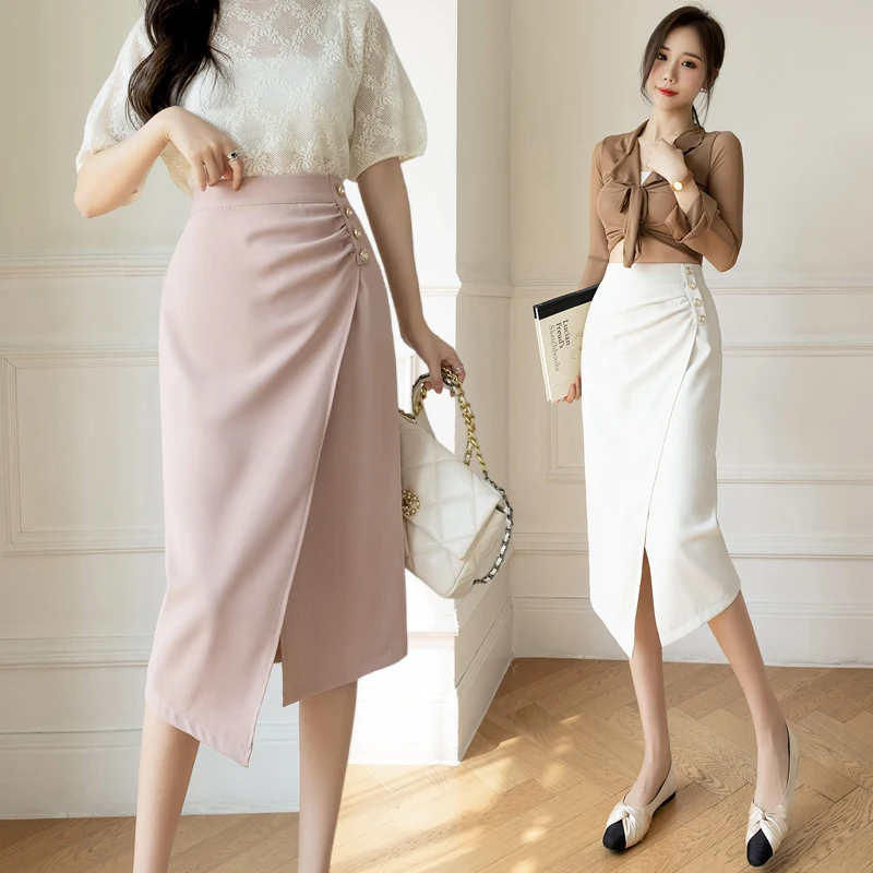 

2023 Summer New High Waist Irregular Summer Front Split Wrap Hip Skirt Women's Half-length Skirt One Step Skirt Mid Skirt