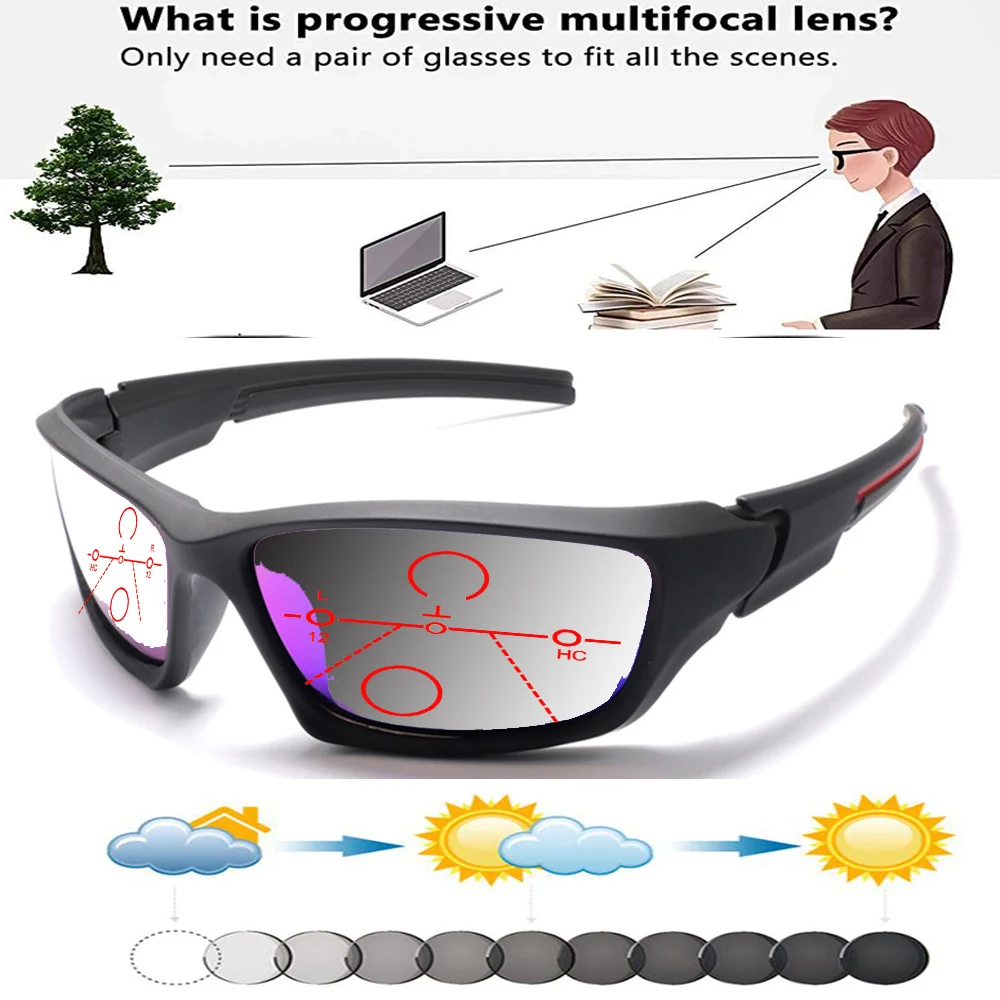 Rectangular Outdoor Wind-proof Handcrafted Frame Photochromic Progressive Multifocal Reading Glasses +0.75 To +4