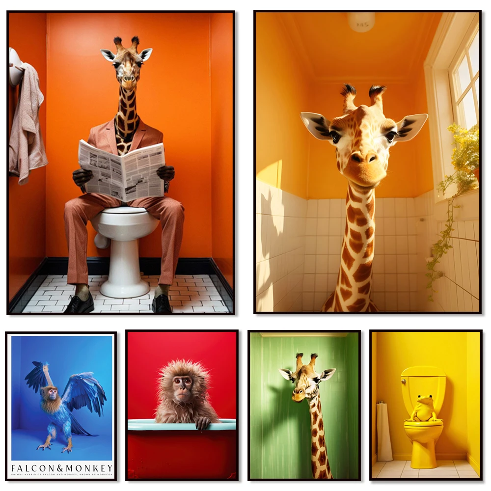 Falcon and monkey crossbreed, monkey bath time, frog, giraffe solarium, fun bathroom decor, toilet poster, whimsical art