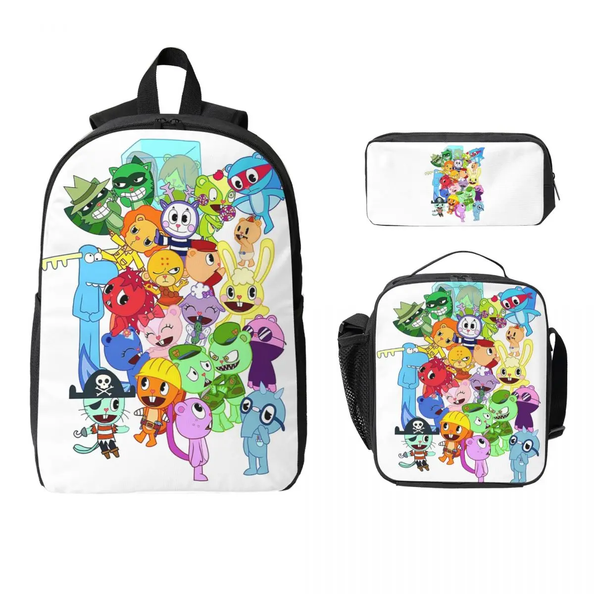 Happy Tree Friends All Characters Backpack Student BookBag School Bag Computer Shoulder Bags 3ps Insulated Lunch Bag Pencil Case